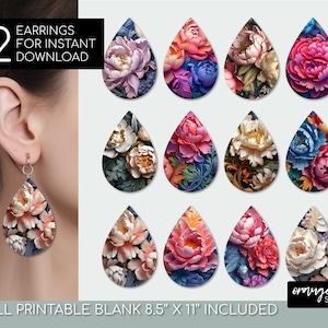 May include: Twelve printable earring designs featuring floral patterns in various colors, including pink, blue, white, and cream. The designs are in a teardrop shape and are ready for instant download. The image also includes a full printable blank template measuring 8.5 inches by 11 inches.