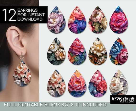 3d Flowers Tear drop Earrings Bundle, 3D Sublimation Designs, Teardrop Earring Blanks Template - Digital Download
