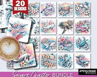 Sea Animals Coaster Bundle, Summer Square Coaster Sublimation, 20 Beach Ocean PNG Tropical Flowers Designs for Crafts - Digital Download