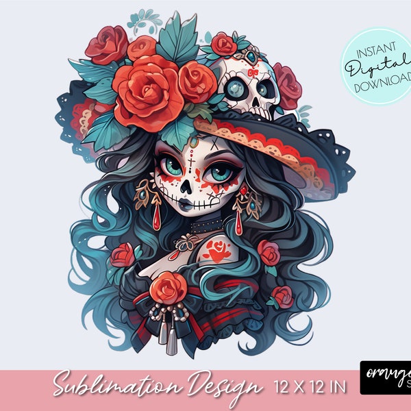 Day of the Dead PNG, La Catrina Girl, Halloween Sublimation, Sugar Skull PNG File for T-Shirts, Stickers, Crafts - Digital Download