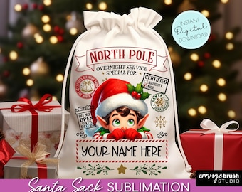 May include: White Santa sack with a red and green elf design. The sack has the text "North Pole Overnight Service Special For: Certified Naughty Nice" and "Your Name Here".