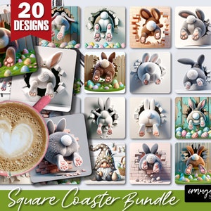 Zestaw do sublimacji podstawek w kształcie kwadratowego króliczka wielkanocnego. Otwór 3D w ścianie, zabawne podstawki wielkanocne, rozbita ściana, zestaw wielkanocny 3D, pobieranie cyfrowe