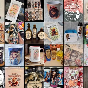 Puede incluir: Una colecci&oacute;n de dise&ntilde;os de sublimaci&oacute;n con varios temas, incluyendo &aacute;ngeles, brujas, Navidad y otras ilustraciones caprichosas. Los dise&ntilde;os se imprimen en tazas, posavasos, vasos y otros art&iacute;culos.