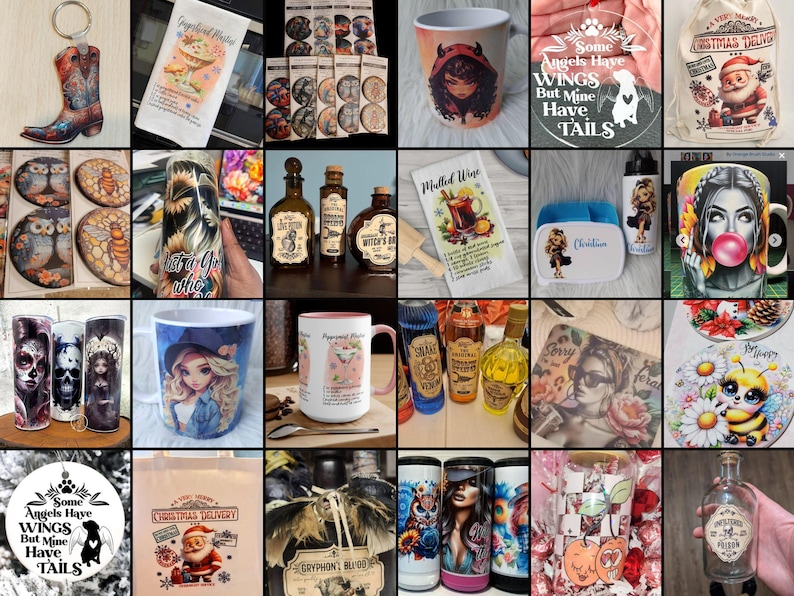 Puede incluir: Una colecci&oacute;n de dise&ntilde;os de sublimaci&oacute;n con varios temas, incluyendo &aacute;ngeles, brujas, Navidad y otras ilustraciones caprichosas. Los dise&ntilde;os se imprimen en tazas, posavasos, vasos y otros art&iacute;culos.