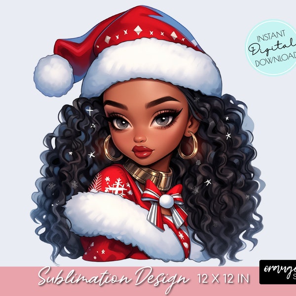 Black Woman In Santa Hat, Christmas Sublimation, Girl in Santa Hat, Fashion Girl, PNG for Stickers, Sublimation, Crafts - Digital Download