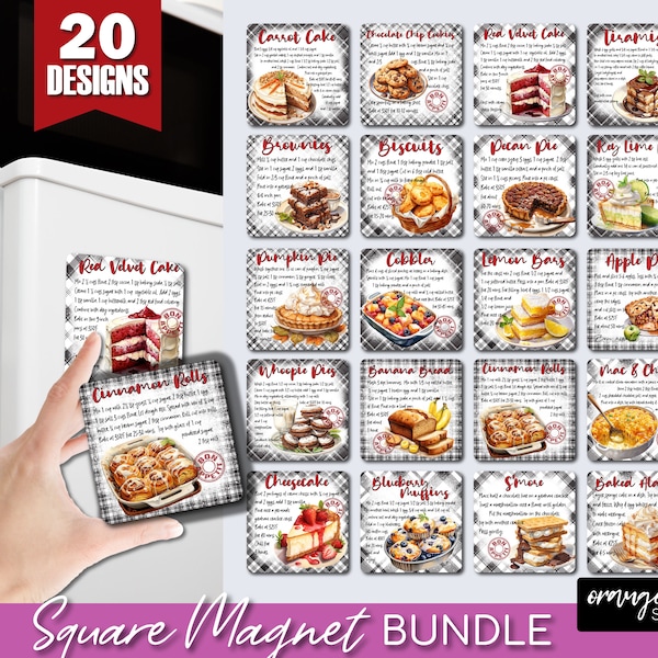 Baking Recipe Magnet Sublimation Bundle. Food Recipe Designs, Fridge Square Magnet PNG Bundle for Kitchen Crafts - Digital Download