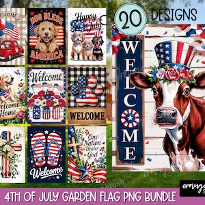 Peut inclure: Un ensemble de 20 designs numériques pour drapeaux de jardin du 4 juillet. Les designs présentent des thèmes patriotiques, notamment des drapeaux américains, des étoiles, des rayures et les mots "Bienvenue", "Dieu bénisse l'Amérique" et "Une nation sous Dieu".