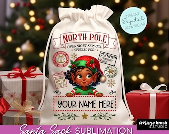 Puede incluir: Un saco de Santa blanco con un diseño de elfo rojo y verde. El elfo es una niña negra con cabello castaño y ojos marrones. El saco tiene el texto "North Pole Overnight Service Special For: Certified Naughty Nice" y "Your Name Here".