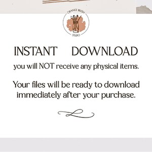 Pu&ograve; includere: Un biglietto bianco con il testo "INSTANT DOWNLOAD" e "Non riceverai NESSUN articolo fisico. I tuoi file saranno pronti per il download immediatamente dopo l'acquisto." Il biglietto ha un logo di un pennello in un barattolo con il testo "ORANGE BRUSH STUDIO" sopra.