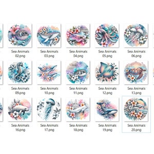 May include: A set of 20 digital illustrations featuring various sea creatures, including a turtle, dolphin, jellyfish, and seahorse. Each illustration is surrounded by colorful watercolor flowers and splashes.