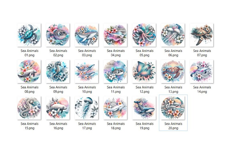 May include: A set of 20 digital illustrations featuring various sea creatures, including a turtle, dolphin, jellyfish, and seahorse. Each illustration is surrounded by colorful watercolor flowers and splashes.