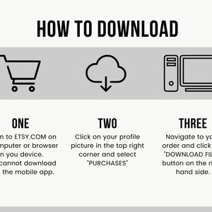 May include: A graphic with the title "HOW TO DOWNLOAD" and numbered steps. Step one shows a shopping cart icon, step two a cloud with a downward arrow, and step three a computer icon. Instructions are provided for downloading files.