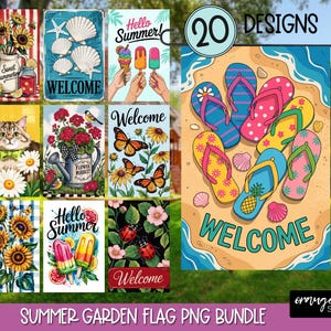 Puede incluir: Un conjunto de 20 diseños digitales para banderas de jardín de verano. Los diseños presentan varios temas de verano, incluyendo conchas marinas, chanclas, girasoles, helados y mariposas. Los diseños están en un estilo brillante y colorido, perfecto para agregar un toque de alegría de verano a tu hogar.
