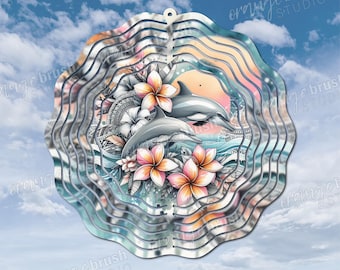Dolphin Wind Spinner Sublimation Design, Summer Beach Spinner Template, Floral Dolphin PNG Boho Style - Digital Download