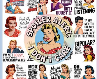 Sarcastic Housewife PNG Bundle, 20 Funny Shirt Designs, 50s 60s Housewife Sublimation, Retro Women Quotes PNG Adult Humor - Digital Download