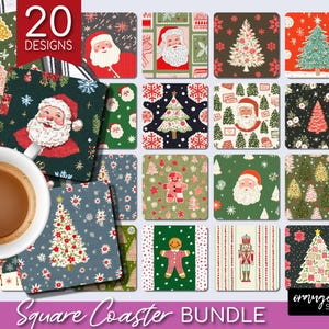 May include: A collection of 20 square coasters with various Christmas-themed designs. The coasters feature images of Santa Claus, Christmas trees, snowflakes, and gingerbread men in red, green, and white. A cup of coffee sits on the left.