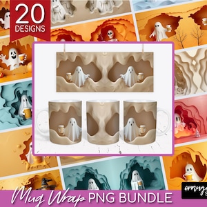 3D Halloween Mug Wrap Bundle. Spooky Ghost 15 Oz Mug Sublimation Designs. Funny Halloween Mug PNG Bundle - Digital Download