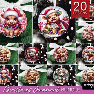 Highland Cow Christmas Ornament Sublimation Bundle. Cute Christmas Cow Round Templates. 20 Xmas PNG Designs for Crafts - Digital Download