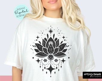 Celestial Lotus SVG PNG, Boho Sublimation, Mystical T-Shirt Design, Celestial Svg File, Boho Magic Lotus Flower SVG  - Digital Download