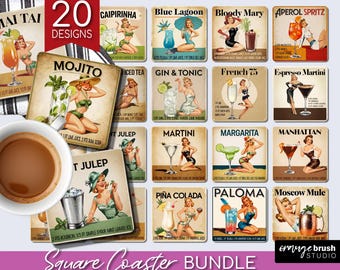 Cocktail Recipe Coaster PNG Bundle. Vintage Drink Cocktail Square Coaster Sublimation, Retro Pin Up Girl for Crafts - Digital Download