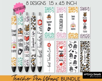 Pen Wrap Teacher SVG Bundle. 8 SVG Waterslides Designs for Ink Joy Pen. Leopard Cheetah Wraps, Teacher life, Epoxy Pen Wrap Instant Download