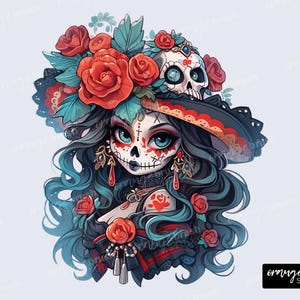 Le jour des morts PNG, La Catrina Girl, Halloween, sublimation, fichier PNG Sugar Skull pour T-shirts, autocollants, travaux manuels - téléchargement numérique