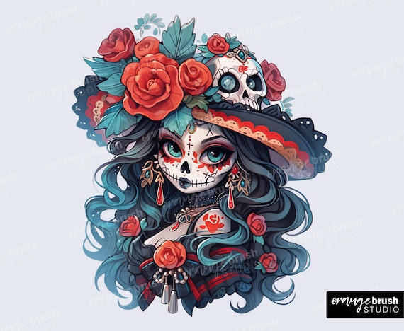Day of the Dead PNG, La Catrina Girl, Halloween Sublimation, Sugar Skull PNG File for T-Shirts, Stickers, Crafts - Digital Download