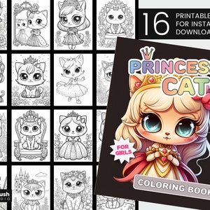Cat Princess Coloring Page Bundle, Kawaii Cat Coloring Pages. Printable Coloring Book - 16 PDF Kids Coloring Pages - Instant Download