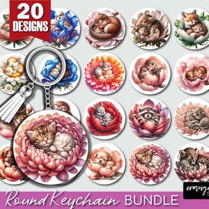 Mother&#39;s Day Keychain Bundle - Baby Animals Round Keychain PNG, Key Chain Sublimation Bundle, Keyring Sublimation Designs - Digital Download