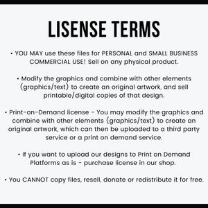 May include: A black and white text document outlining the terms of use for digital files. The document states that the files can be used for personal and small business commercial use, and that the graphics can be modified and combined with other elements to create original artwork. The document also states that the files cannot be copied, resold, donated, or redistributed for free.