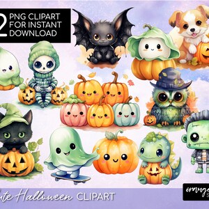 Cute Halloween Clipart Bundle, Watercolor PNG Clipart. Halloween Kawaii Designs PNG Bundle for Crafts - Instant Download