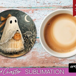 Ghost Halloween Coaster PNG Bundle, Cute Spooky Ghost Round Coaster Sublimation, Trendy Fall Vintage Checkered Iridescent - Digital Download
