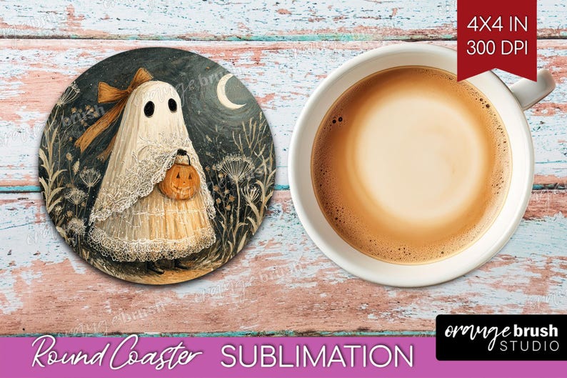 Ghost Halloween Coaster PNG Bundle, Cute Spooky Ghost Round Coaster Sublimation, Trendy Fall Vintage Checkered Iridescent - Digital Download