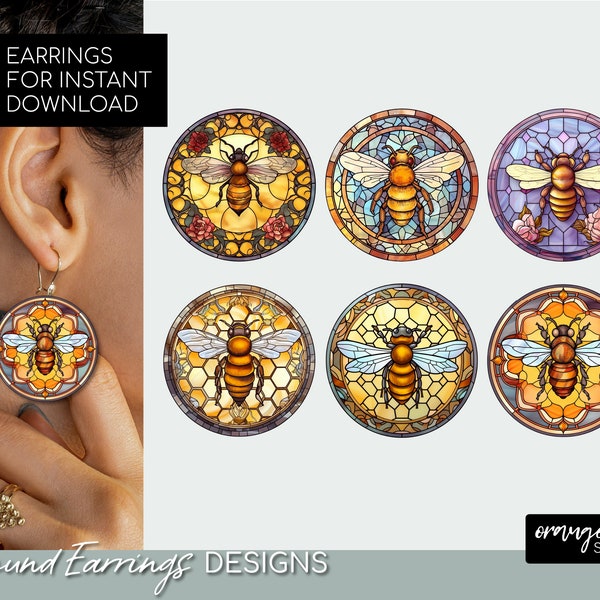 Honey Bee Round Earrings Bundle. Stained Glass Earrings For Sublimation. Bee Sublimation Designs, Circle Earring Template - Digital Download