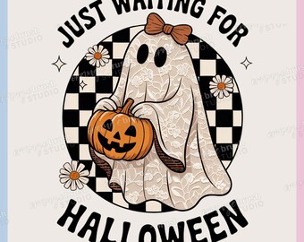 Vintage Halloween Ghost PNG-sublimatie, wachten op Halloween, Retro Ghost Coquette, trendy kant geruit Spooky Boo PNG, digitale download