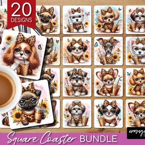 Leopard Bow Puppy Coaster Bundle, Cute Dog Mom Square Coasters Sublimation, 20 Dogs Sunflowers PNG Bundle for Crafts - Digital Download