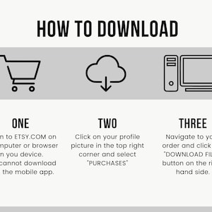 Peut inclure: Un graphique intitul&eacute; "HOW TO DOWNLOAD" avec des instructions pour t&eacute;l&eacute;charger des fichiers sur Etsy. Il comprend des ic&ocirc;nes de panier, de nuage et d'ordinateur, guidant les utilisateurs &agrave; travers la connexion, la recherche des achats et le t&eacute;l&eacute;chargement.