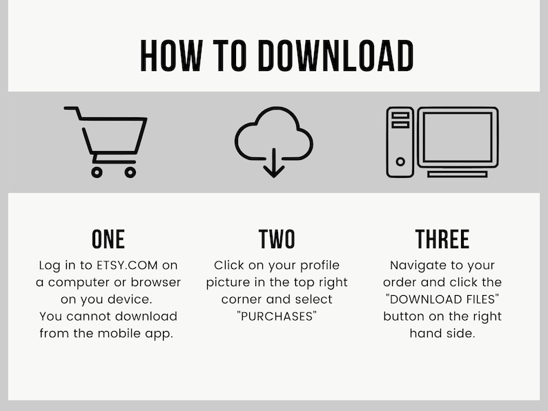 Peut inclure: Un graphique intitul&eacute; "HOW TO DOWNLOAD" avec des instructions pour t&eacute;l&eacute;charger des fichiers sur Etsy. Il comprend des ic&ocirc;nes de panier, de nuage et d'ordinateur, guidant les utilisateurs &agrave; travers la connexion, la recherche des achats et le t&eacute;l&eacute;chargement.