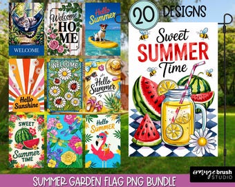 Hello Summer Garden Flag Sublimation Bundle, Beach Flag PNG Designs. Summertime Yard Flag PNG Welcome Sign for Craft - Digital Download