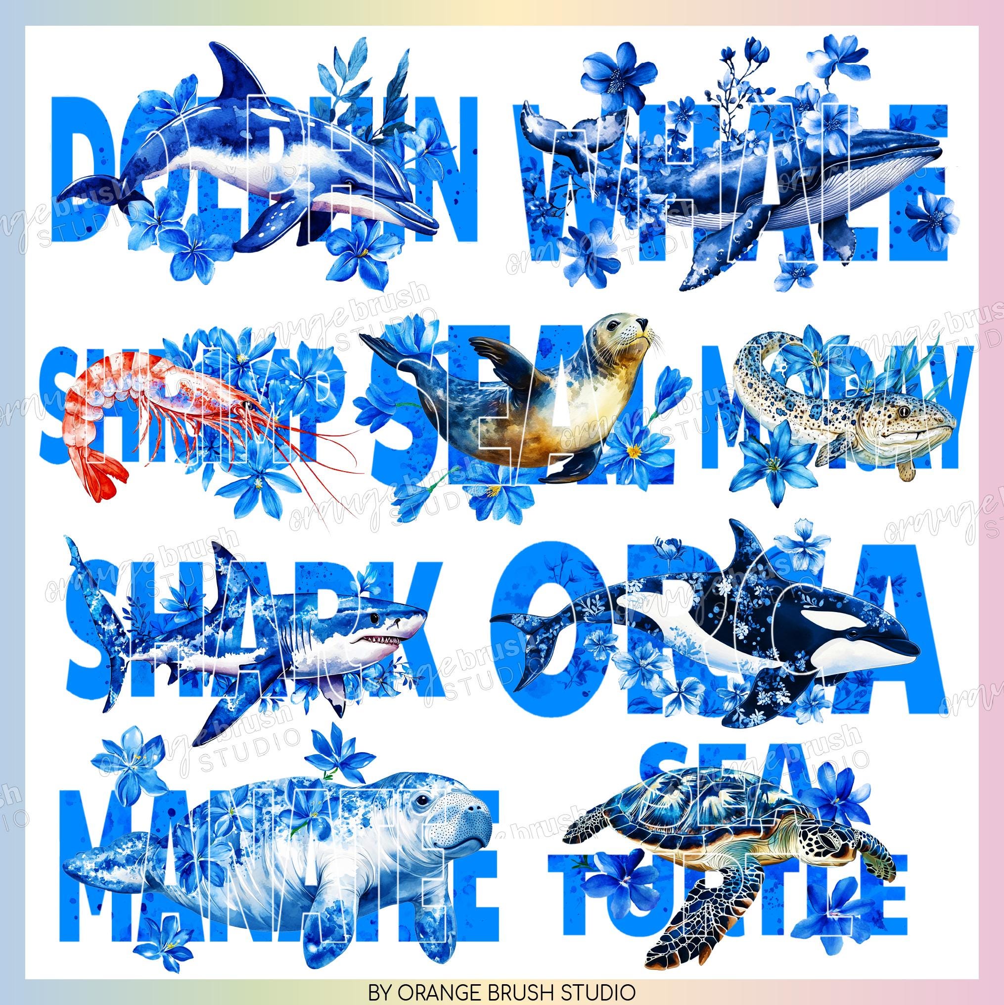 Sea Animals PNG Bundle, 20 Ocean Sublimation Designs, Blue Floral Animals Clipart Sea Turtle Manatee Whale Dolphin Seal - Digital Download