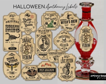 Halloween Potion Labels, Apothecary Potion Label, Vintage Halloween Printable Stickers PNG bundle, Wizard Party Decoration-Digital Download