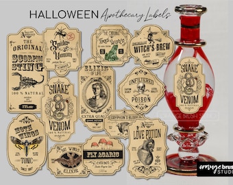 Halloween Potion Labels, Apothecary Potion Label, Vintage Halloween Printable Stickers PNG bundle, Wizard Party Decoration-Digital Download