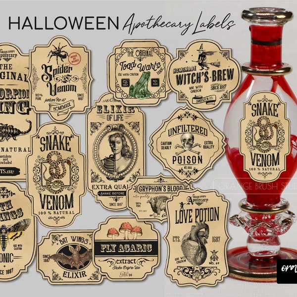 Halloween Potion Labels, Apothecary Potion Label, Vintage Halloween Printable Stickers PNG bundle, Wizard Party Decoration-Digital Download