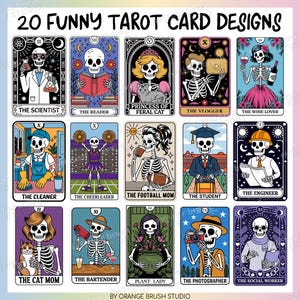 Pacote de Cartas de Tarô Esqueleto PNG com 20 Designs Engraçados, Pacote de Sublimação Sarcástica de Halloween, Design de Camiseta Moderna com Humor Adulto - Download Digital