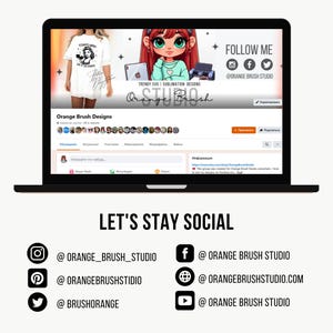 Puede incluir: Una pantalla de computadora port&aacute;til que muestra una p&aacute;gina de redes sociales para Orange Brush Studio. La p&aacute;gina presenta una ilustraci&oacute;n de dibujos animados de una ni&ntilde;a con ojos grandes y cabello rojo. El texto "Orange Brush Studio" se muestra en una fuente colorida. La p&aacute;gina tambi&eacute;n incluye &iacute;conos de redes sociales para Instagram, Facebook y Twitter. El texto "FOLLOW ME" se muestra sobre los &iacute;conos de redes sociales. El texto "LET'S STAY SOCIAL" se muestra debajo de la pantalla de la computadora port&aacute;til, junto con &iacute;conos de redes sociales y nombres de usuario para Instagram, Pinterest, Twitter, Facebook, un sitio web y YouTube.