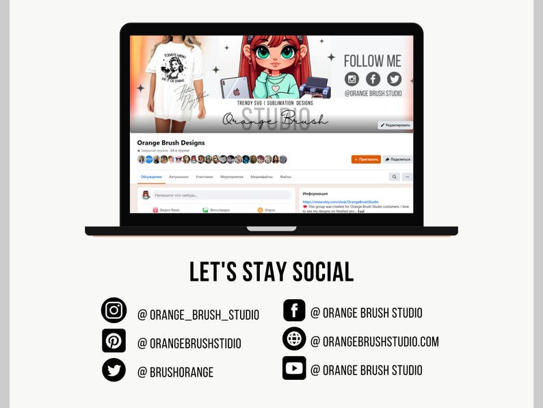 Puede incluir: Una pantalla de computadora port&aacute;til que muestra una p&aacute;gina de redes sociales para Orange Brush Studio. La p&aacute;gina presenta una ilustraci&oacute;n de dibujos animados de una ni&ntilde;a con ojos grandes y cabello rojo. El texto "Orange Brush Studio" se muestra en una fuente colorida. La p&aacute;gina tambi&eacute;n incluye &iacute;conos de redes sociales para Instagram, Facebook y Twitter. El texto "FOLLOW ME" se muestra sobre los &iacute;conos de redes sociales. El texto "LET'S STAY SOCIAL" se muestra debajo de la pantalla de la computadora port&aacute;til, junto con &iacute;conos de redes sociales y nombres de usuario para Instagram, Pinterest, Twitter, Facebook, un sitio web y YouTube.