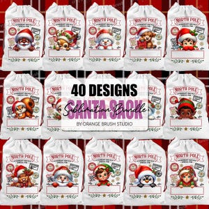Julklappssäck PNG-paket, Nordpolleverans, julklappspåse med 40 sublimeringsdesigner, alv, jultomte, hund, kikar djur - direkt nedladdning
