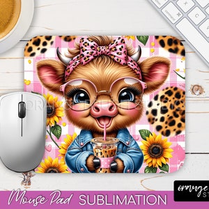 Highland Cow Mouse Pad Sublimation, Cute Mousepad PNG Design. Baby Cow with Sunflower Coffee Sublimation for Crafts - Digital Download