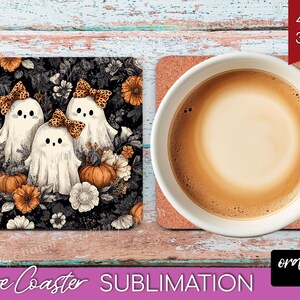 Halloween Ghost Coaster PNG Bundle, Cute Spooky Ghost Sublimation For Square Coasters, Fall Vintage Checkered Iridescent, Digital Download
