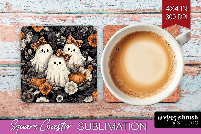 Halloween Ghost Coaster PNG Bundle, Cute Spooky Ghost Sublimation For Square Coasters, Fall Vintage Checkered Iridescent, Digital Download